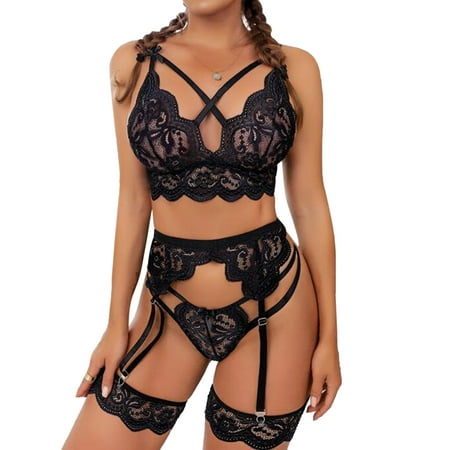 

Voguele Ladies Nightdress 3 Pieces Underwear Solid Color Cross Lingerie Set Babydoll Women Transparent Deep V Neck See Through Panties Black 2XL
