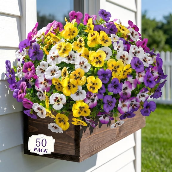 Artificial Pansy Flowers - 50 Pcs, Faux Silk Mixed Color, UV Resistant for Outdoor Porch Garden Decor