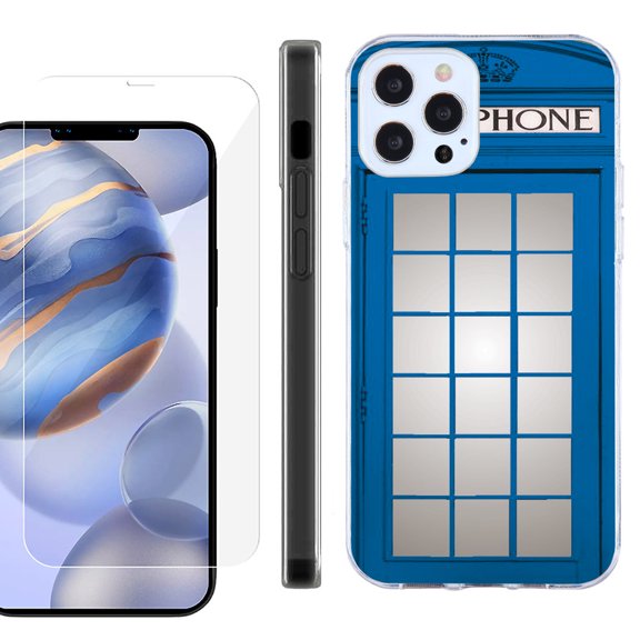 Slim Fit Protective Phone Case for Apple iPhone 12 / iPhone 12 Pro, with Tempered Glass Screen Protector, by OneToughShield ® - Phone Booth Blue