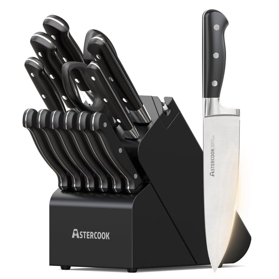 Astercook 14-Piece Knife Set with Block and Built-in Sharpener, Professional Full-Tang Kitchen Knife Set, Sleek Black Design for Modern Kitchens and Housewarming Gifts
