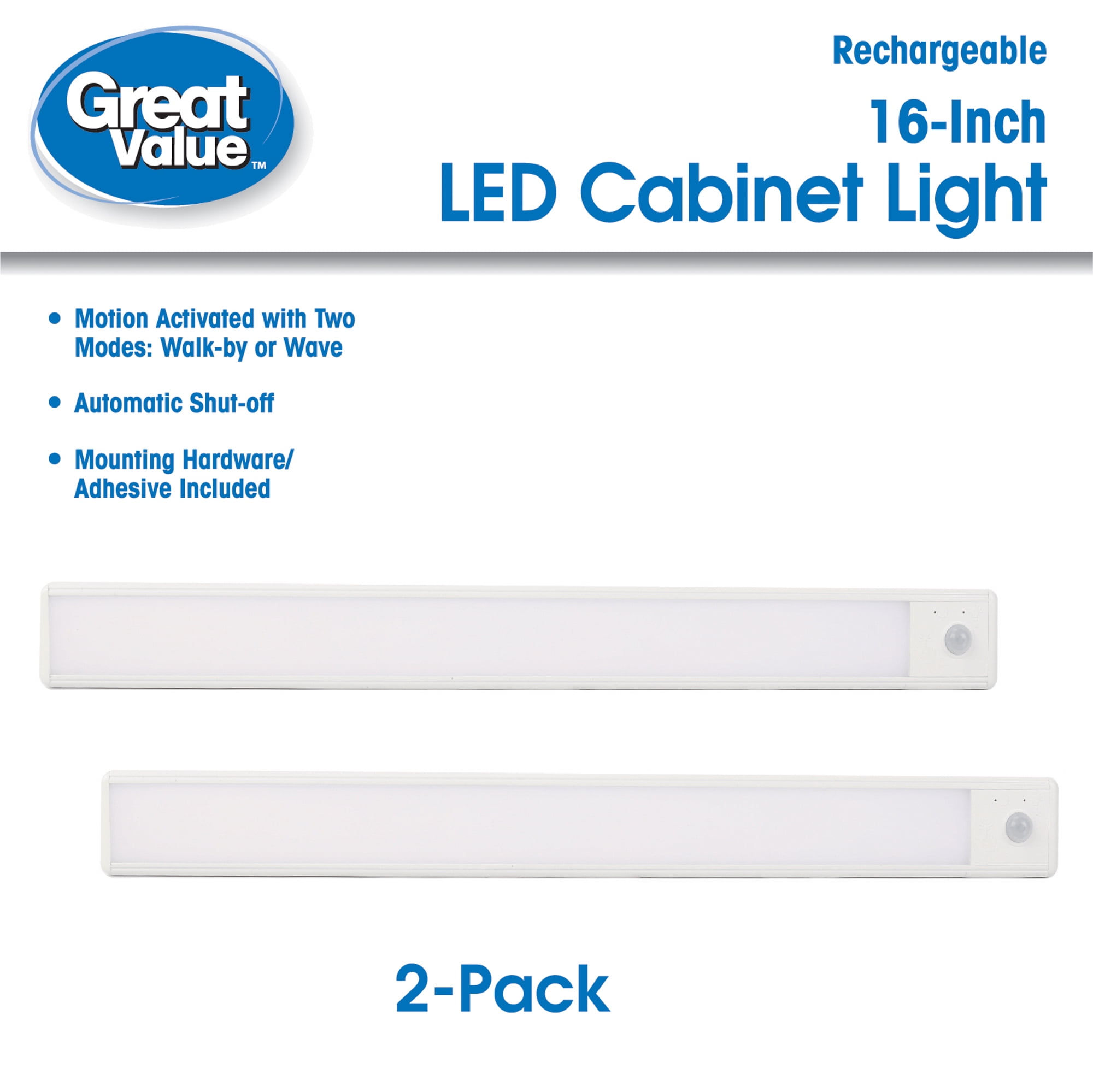 Great Value 16" 150 Lumens Rechargeable LED Cabinet Light, Warm White/Cool White/Deluxe Daylight, 2 Count