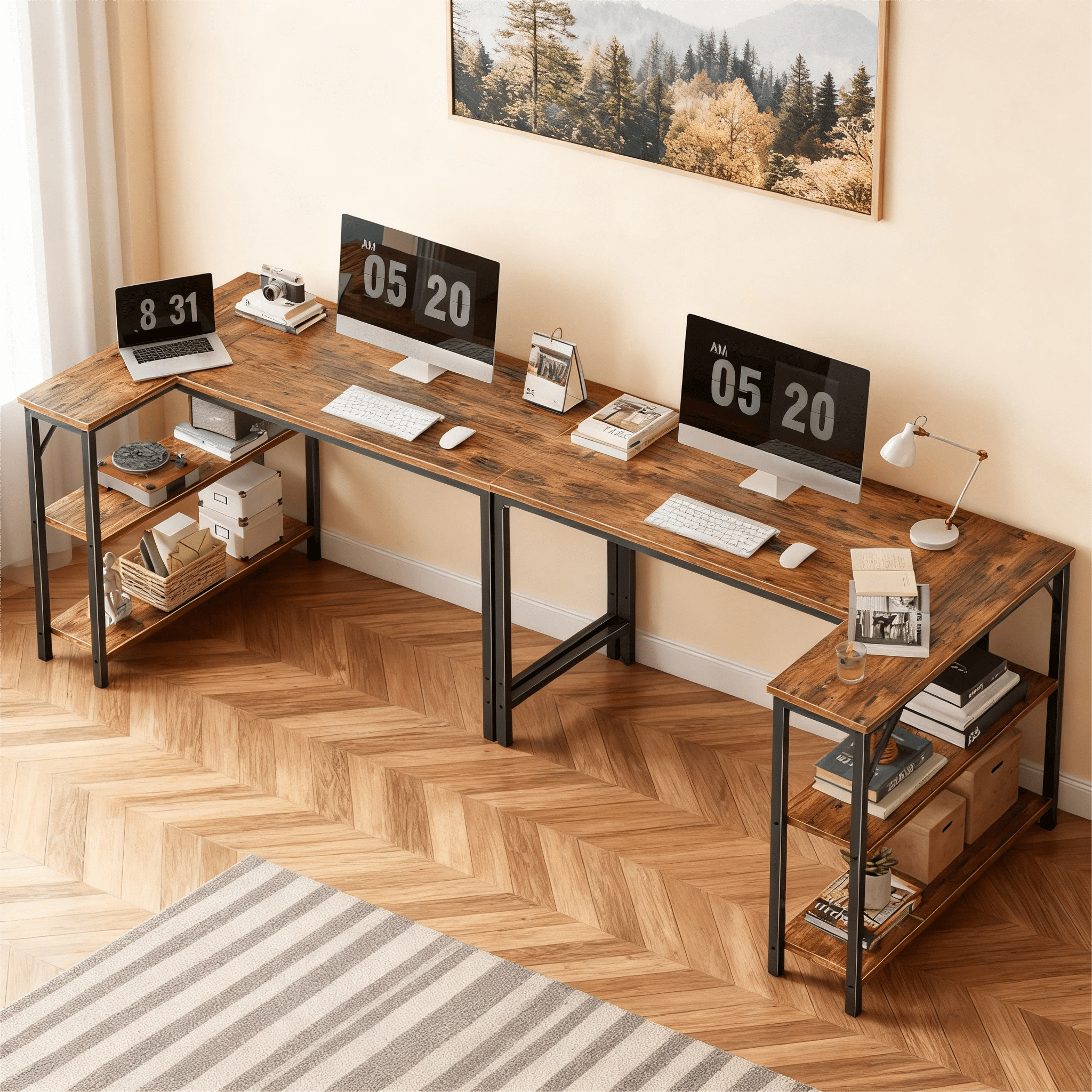 CONCETTA 47” L Shaped Computer Desk with Reversible Storage Shelves, Corner Gaming Desk with PC Stand, Home Office Writing Study Table, Black