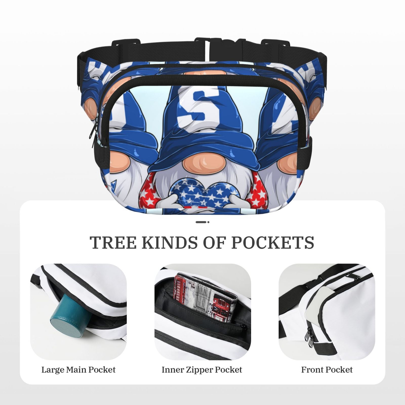 Picia Cute Gnomes in USA Print Square Double-Layer Waist Bag Mini Adjustable Waist Belt Bag Exercise Running Travel Hiking