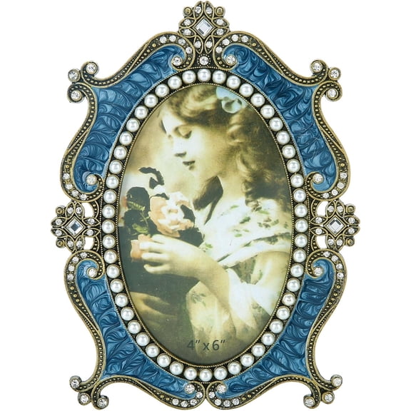 Oval Vintage Picture Frame 4x6in Antique Decor Christmas Ornament Ornate Blue Metal Photo Frame with Glass Front Art Table Top Retro Home Decor Gifts for Birthday Valentines