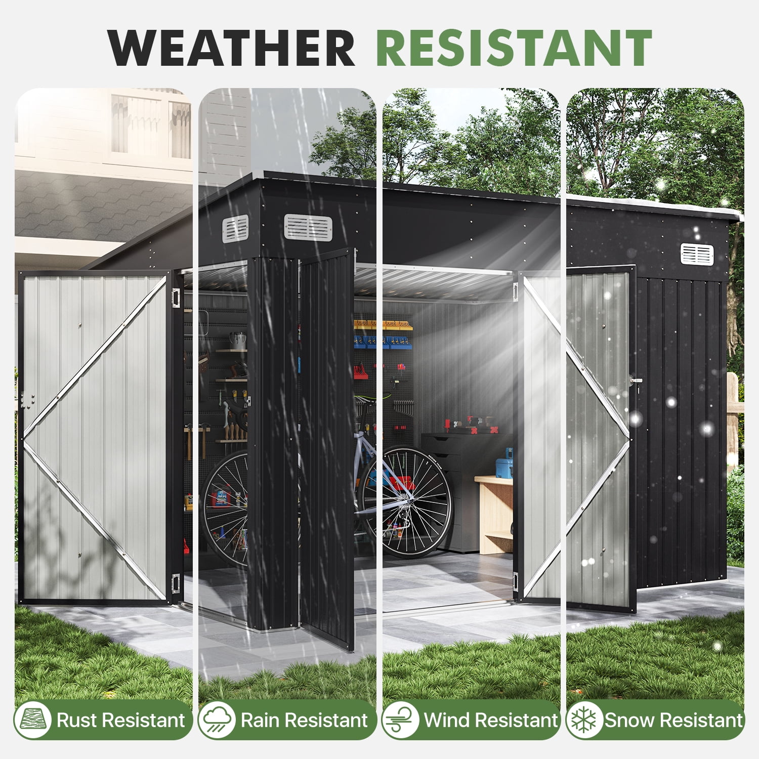 BaPiPro 10'x8' Lean-to Metal Storage Shed, Outdoor Lockable Shed with Triple Doors & Vents for Garden, Backyard, Patio - Black