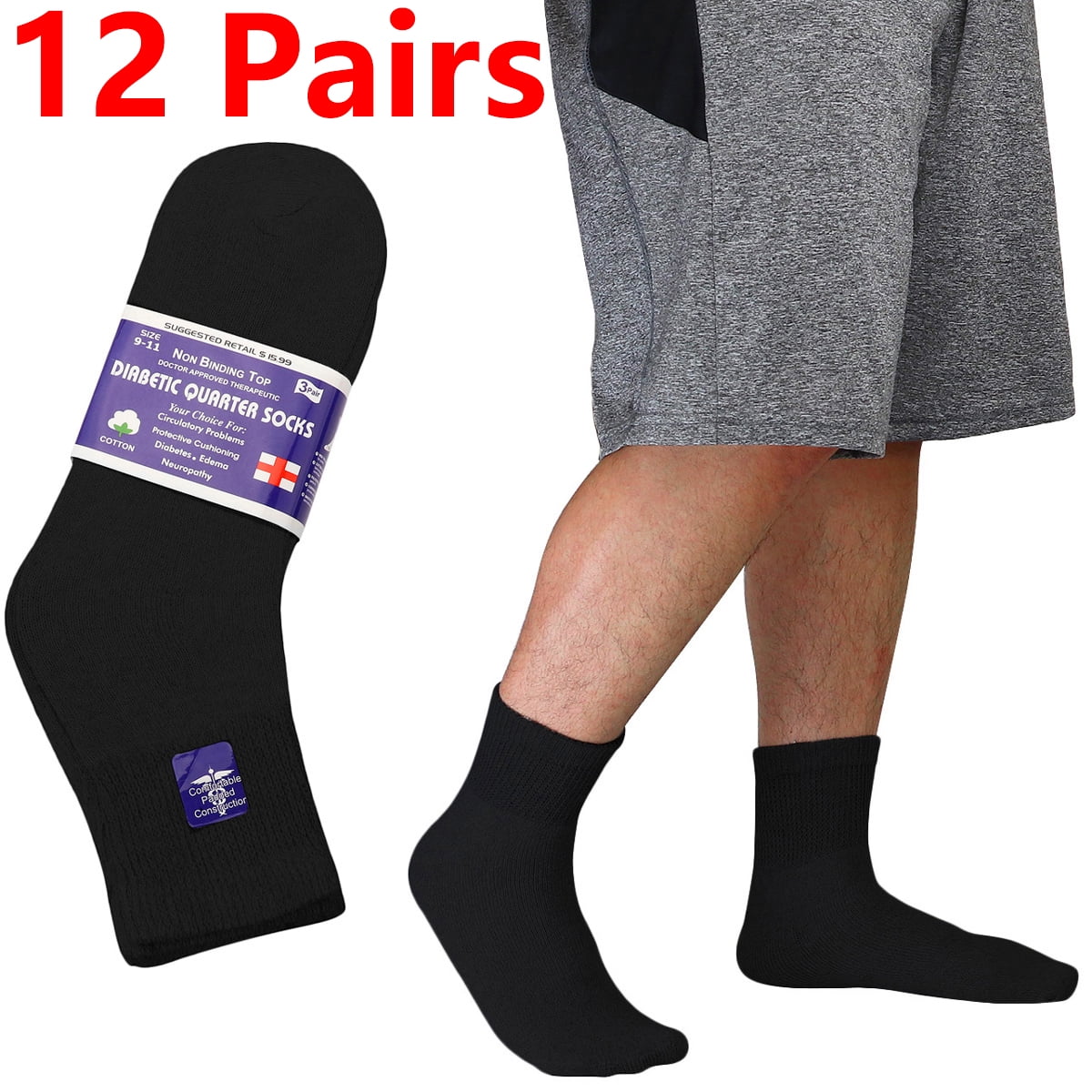 Falari 12-Pack Diabetic Socks Ankle Unisex Physicians Approved Socks Size 10-13 Black
