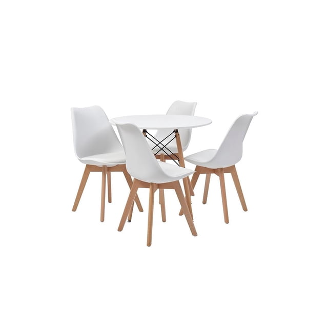 Comedor Alterego Redondo Blanco con 4 Sillas Acolchadas Blancas