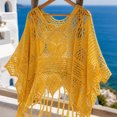 thumbnail image 2 of Karymi Summer Tops for Women 2026 Boho Beach Crochet Hollow Out 3/4 Bell Sleeve Cover Up Top, Scalloped Neck Tassel Fringe Knit Shrug, Sheer Crochet Pullover Cardigan Womens Tops Dressy Casual, 2 of 6