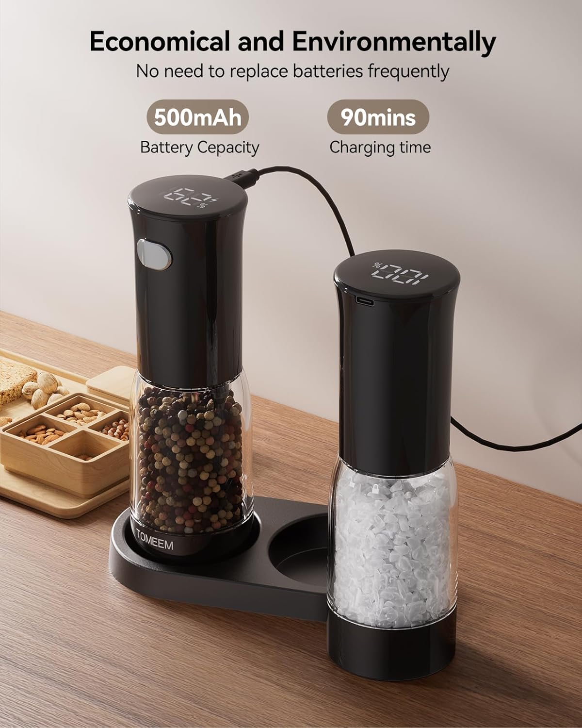 Tomeem Electric Salt and Pepper Grinder Set with LED Power Indicator, Type-C Rechargeable,  5 Adjustable Coarseness, 2 Pack