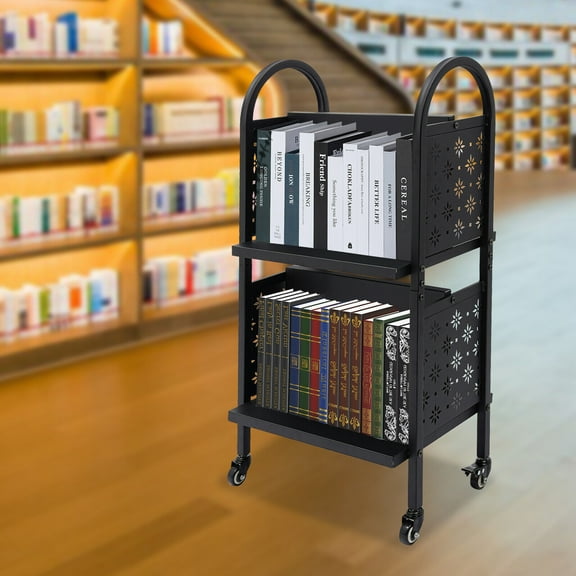 TFCFL 4 Compartments Library Book Cart W/ Cutout Side Panels 2 Tier Rolling Book Cart Office Book Cart with 4x Wheels