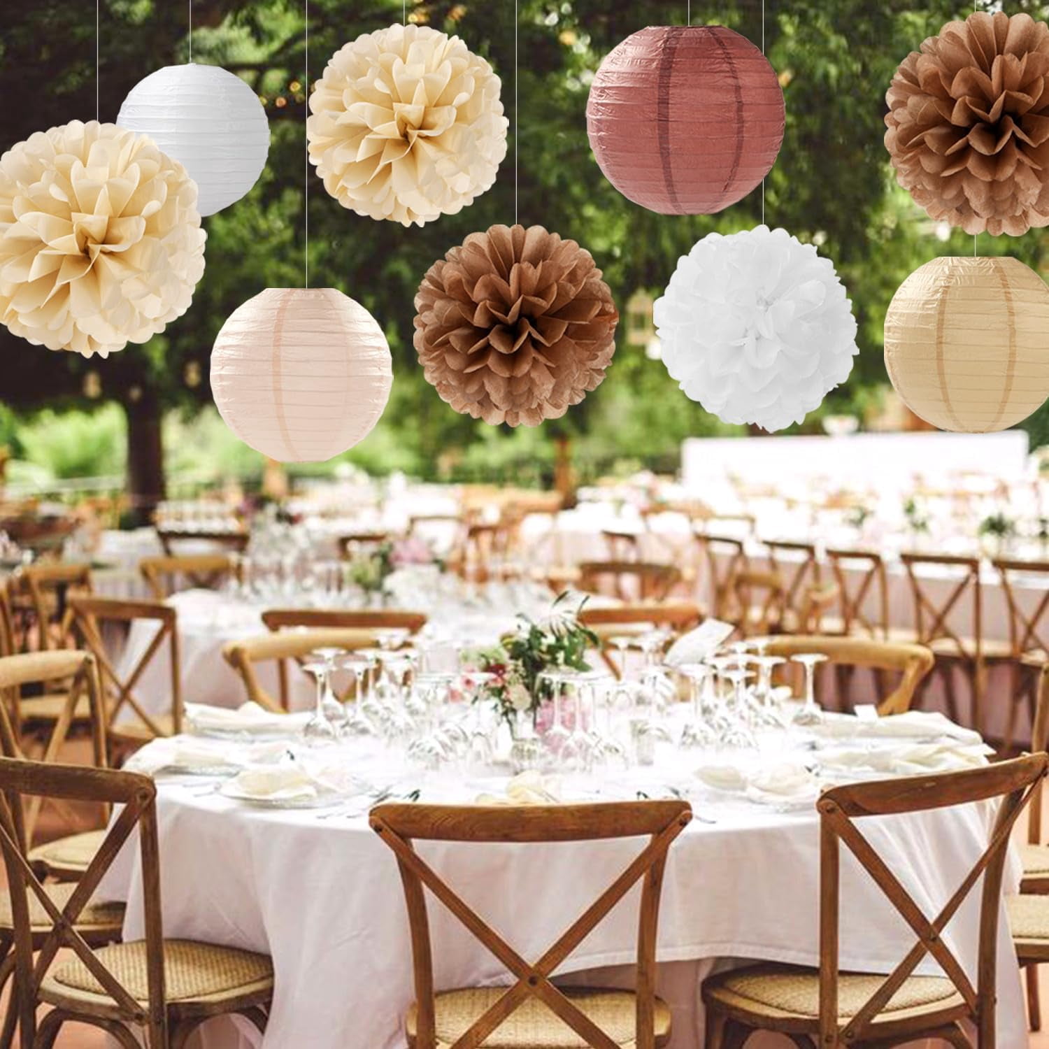 NestE-Boho Rustic Wedding Party-Decorations Paper Flowers Lanterns - 15PCS Fall Baby Shower Gender Neutral Streamers,Brown Champagne White Tissue Pom Poms,Autumn Birthday Bridal Decor