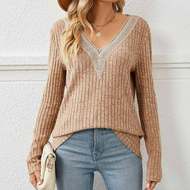 QUYUON Tunic Sweaters to Wear with Leggings Tunic Sweaters Women Ribbed  Knit V Neck Long Sleeve Pullover Sweater Knit Jumper Tops Casual Loose Fall