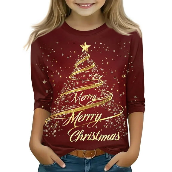 Grblisyd Cute Tops for Teen Girls 3/4 Sleeve Christmas Shirts Shiny Xmas Tree Print Cute Preppy T Shirts Kids 10-12 Graphic Shirts Gold 150
