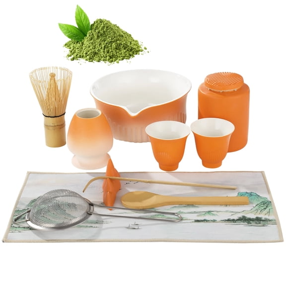 Matcha Whisk Set, 11 Pcs Ceramic Matcha Making Set, Orange Gradient Tea Bowl with Cups, Whisk, Scoop, Spoon, Holder, Tea Canister, Sifter, Towel, Scoop Rest