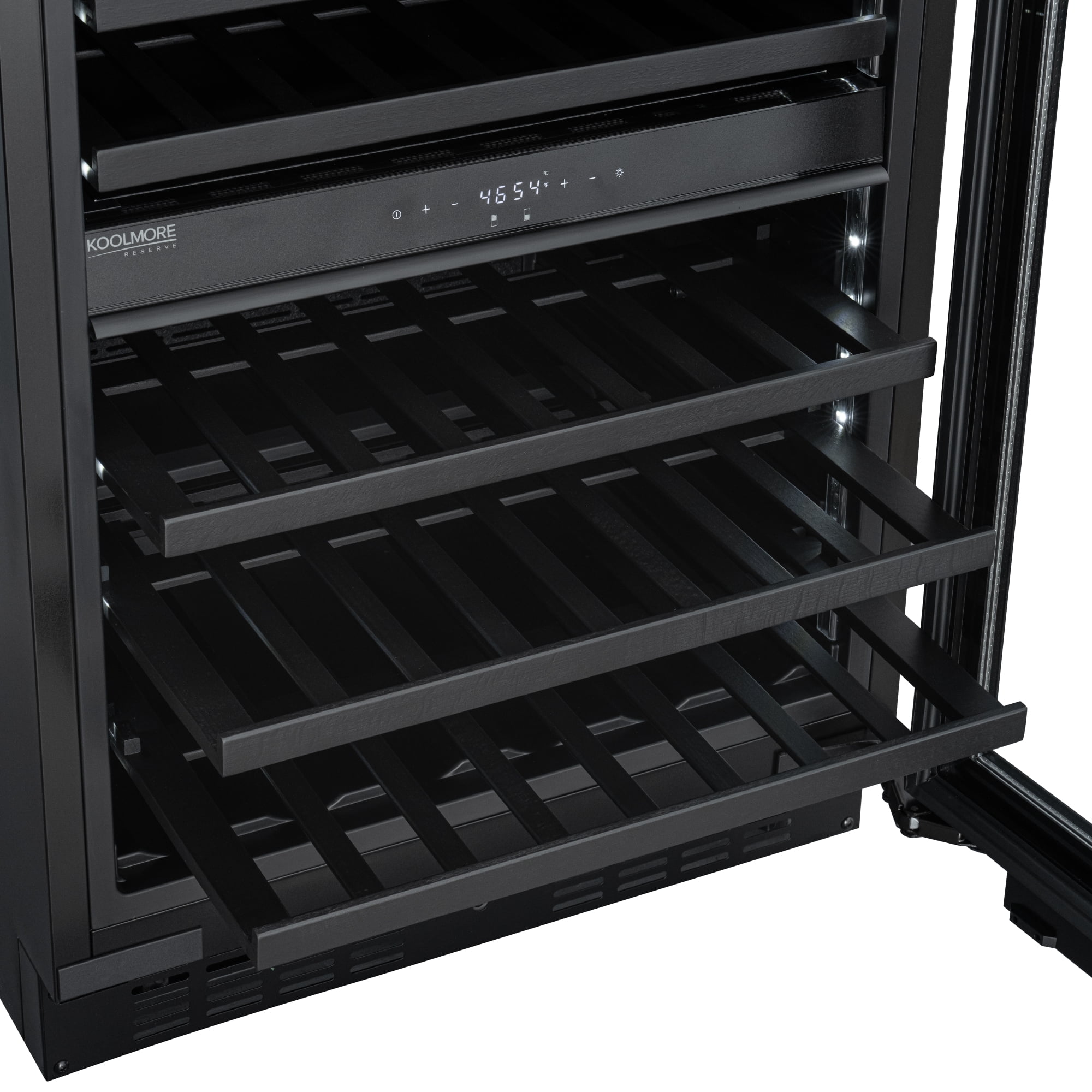 KoolMore Reserve 24 in. Under-Counter Panel Ready Dual Zone Built-in Wine Cooler with Black Shelves and 45 Bottle Capacity in Black (KM-CW46DZ-BPR)