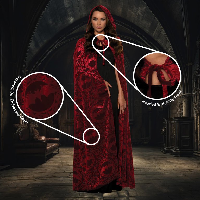 Adults Long Red Cape - 60" Long Red Cape With High Collar - Halloween Witch Vampire Fancy Dress Costume Accessory