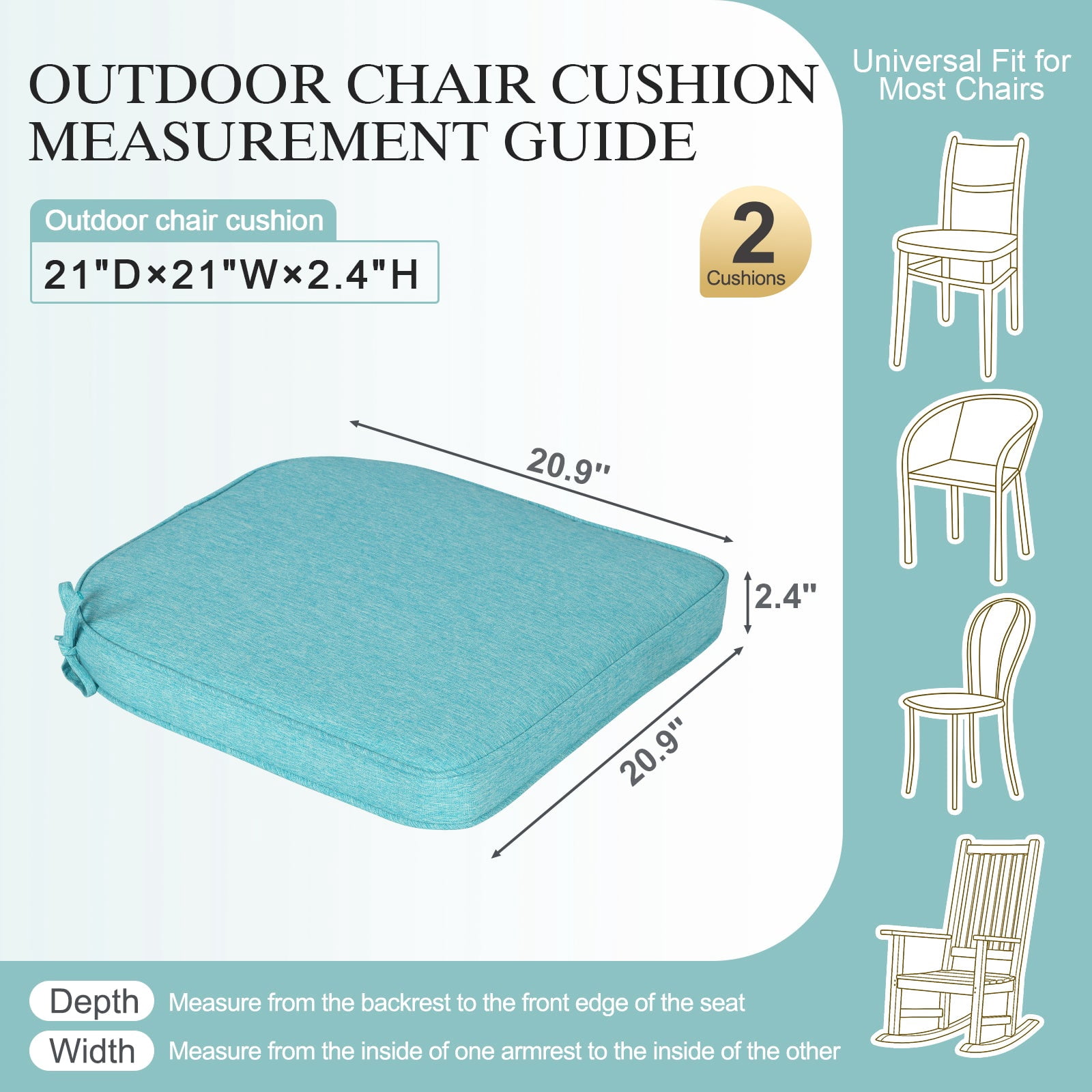 BPS 21" x 21" Outdoor Dining Chair Cushion, Water Resistant Patio Seat Cushion Pads with Ties, Set of 2 - Aruba Blue