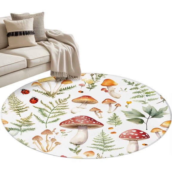 Mushroom Round Area Rug 3 FT, Small Kitchen Bathroom Mat, Vintage Botanical Spring Floral Farmhouse Washable Indoor Outdoor Throw Runner Carpet Non-Shedding Doormat for Table Shower Sofa Entryway