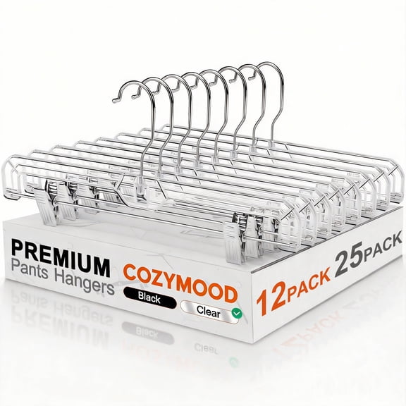Cozymood Pants Hangers with Clips 12 Pack, 14" Space Saving Skirt Hangers, Non-Slip Heavy Duty Plastic Closet Organizers with 360° Swivel Hook