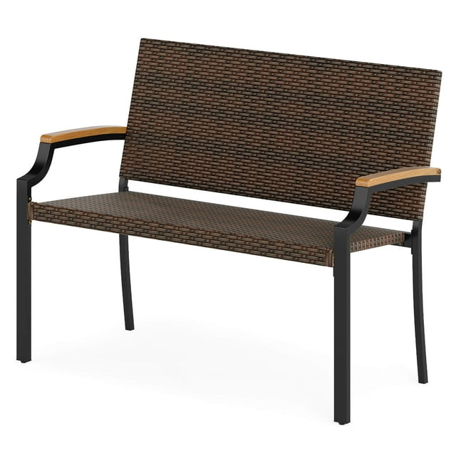 Costway 1 PCS Patio Wicker Loveseat Chair with Acacia Wood Armrests & Metal Frame for Backyard