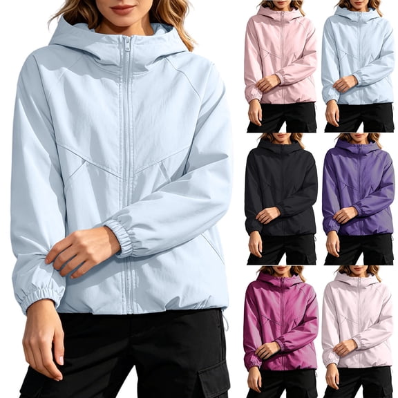 CFLVAEK Plus Size Rain Jacket for Women Lightweight Waterproof Hooded Windbreaker Spring Fall Hiking Outdoor Raincoat with Hood Light Blue L