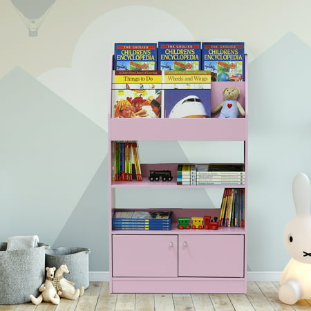 Furinno KidKanac Bookshelf Bookcase with 4 Shelves and Toy Storage Cabinet for Bedroom, Living Room or Playroom Organization, Pink