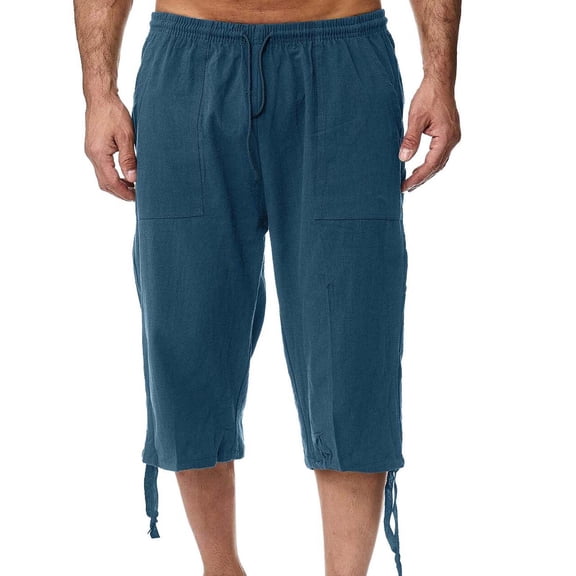 Kureaily Mens Cotton Linen Capri Pants Light Loose 3/4 Long Shorts Elastic Waist Drawstring Casual Beach Trousers