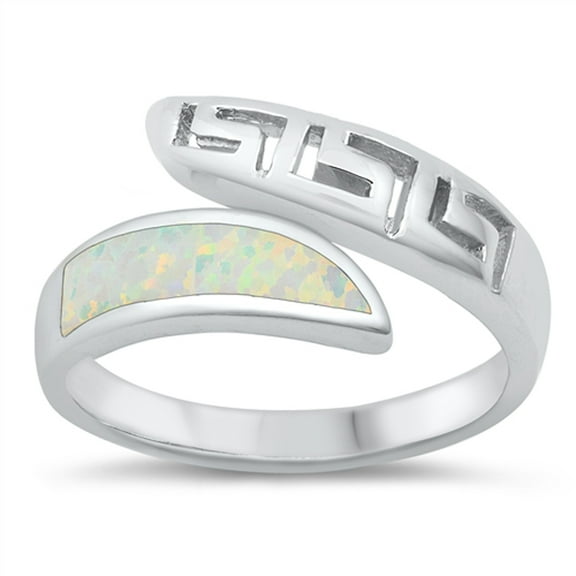 CHOOSE YOUR COLOR White Simulated Opal Greek Key Open Ring .925 Sterling Silver Band CZ Female Size 10