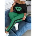 thumbnail image 1 of Lovelywholesale Casual Lip Print Patchwork Green Two Piece Pants Set, 1 of 2