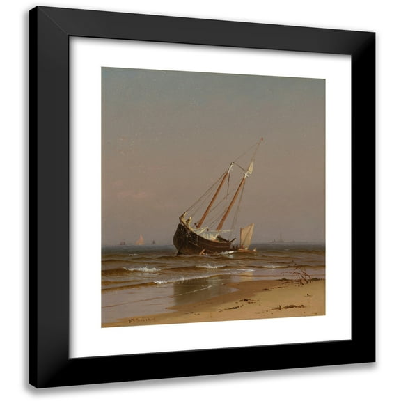 Alfred Thompson Bricher 12x14 Black Modern Framed Museum Art Print Titled - Seascape, Beached Boat (Ashore on Salisbury Beach) (1872)