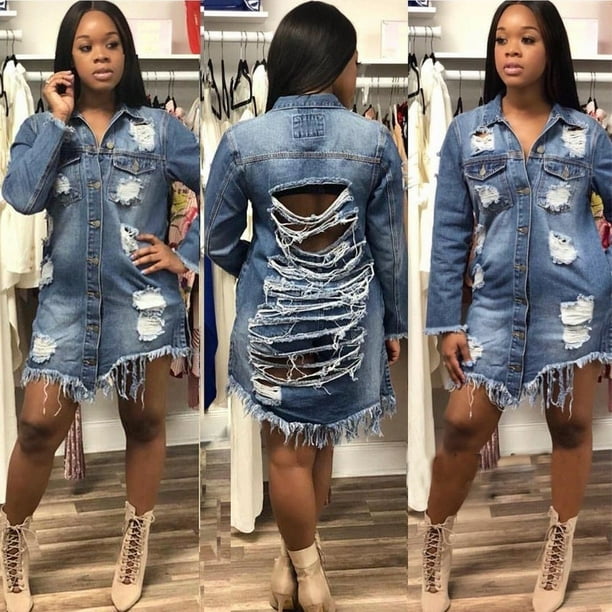 Distressed long jean jacket hot sale