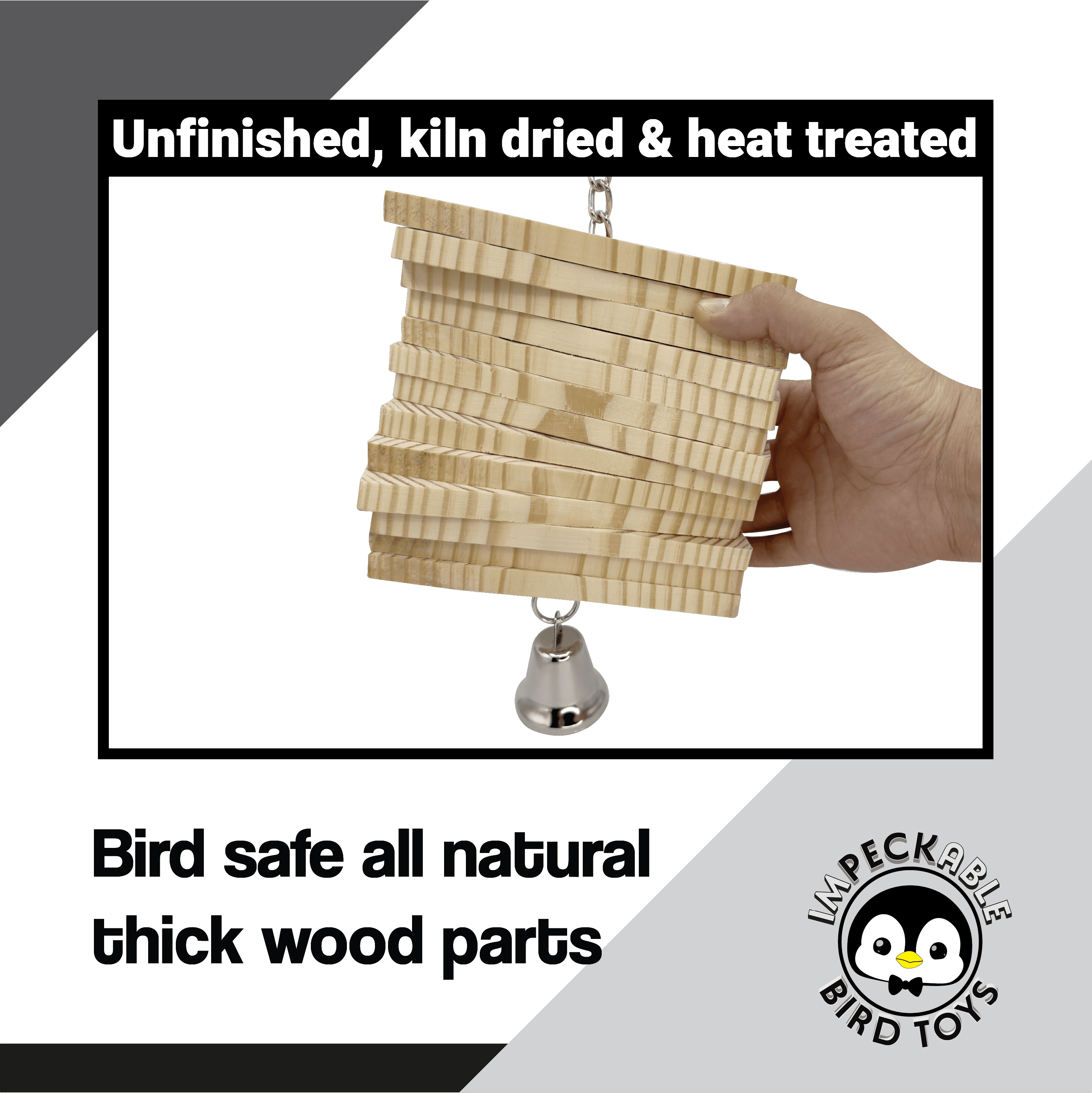 1833 Medium Natural Twirly Bird Toy with Kiln-Dried Wood Slats, Metal Chain and Bell – Handcrafted by Impeckable Bird Toys – Great for Conures, Amazons, African Greys and Medium Birds