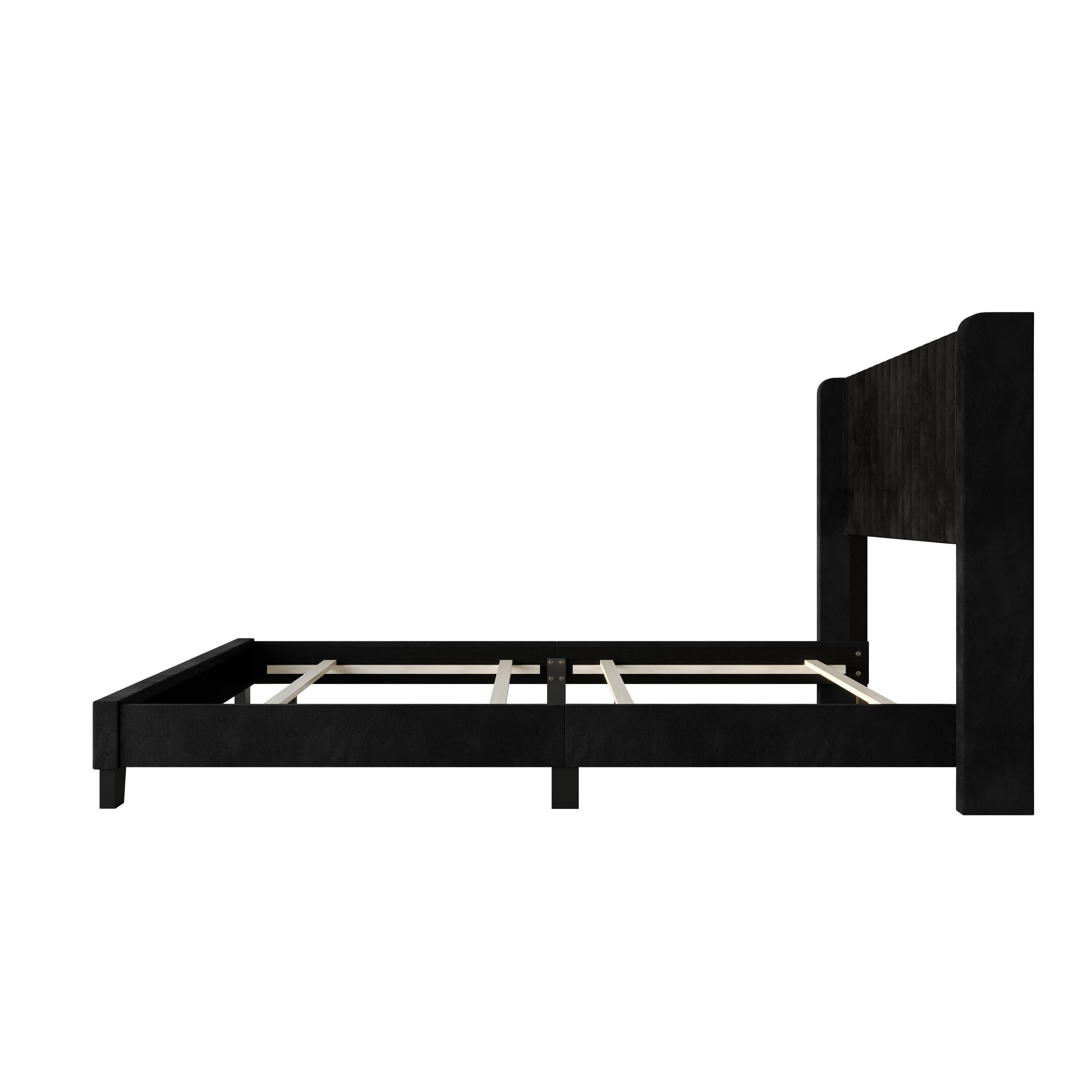 Home Design Ashland Twin Velvet Upholstered Panel Bed Frame with Wingback Headboard and Foam Padding, Black, Easy Assembly