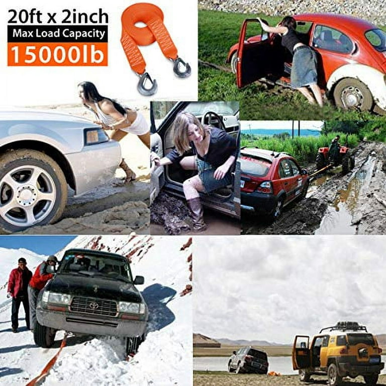 JCHL Tow Strap Heavy Duty with Hooks 2”x20' 15,000LB Recovery Strap 6,8  Tons Towing Strap with Safety Hooks Polyester 