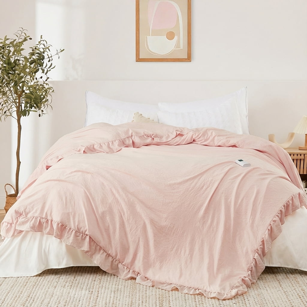 GARVEE Electric Blanket Queen Size,Heated Comforter Blanket,Ruffle Electric Quilt with Wireless LCD Controller,6 Heat Levels&1-10H Timer,ETL Certified,Pink