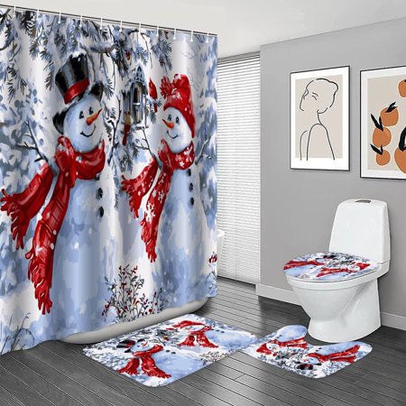 ZHANZZK Heart Red Scarf Snowman Couple 4 Piece Bathroom Set Shower Curtain Bath Rug Contour Mat and Toilet Lid Cover
