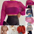 thumbnail image 6 of Women Mesh Fishnet Crop Tops Long Sleeve Crew Neck Hollow Out Loose Shirts, 6 of 9