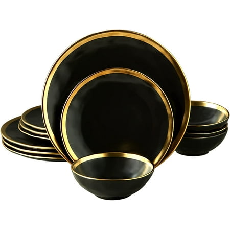 12 Piece Porcelain Dinnerware Sets Service for 4, Modern Dinner Plates Set, Gold Rim Dish Set for Wedding Anniversary Birthday