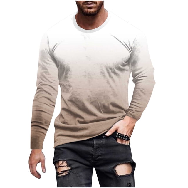 Dagugfen Tops for Men Plus Size Long Sleeve Crewneck Slim Gradient Color Comfy Casual Tee Tops