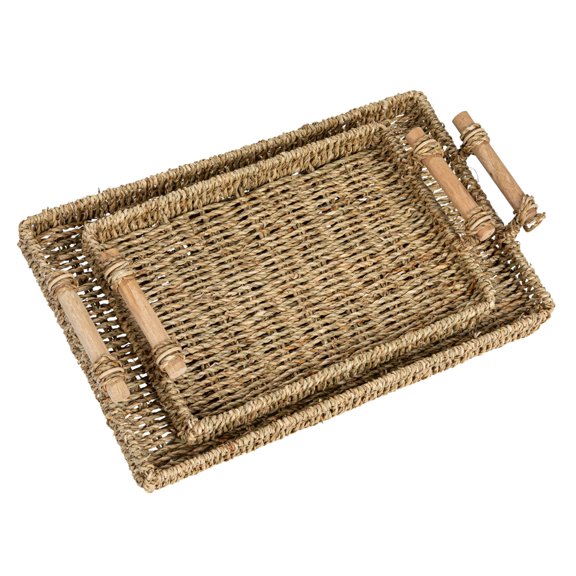 Household Essentials Handwoven Seagrass Rectangular Tray Set with Wood Handles, Natural, Set of 2