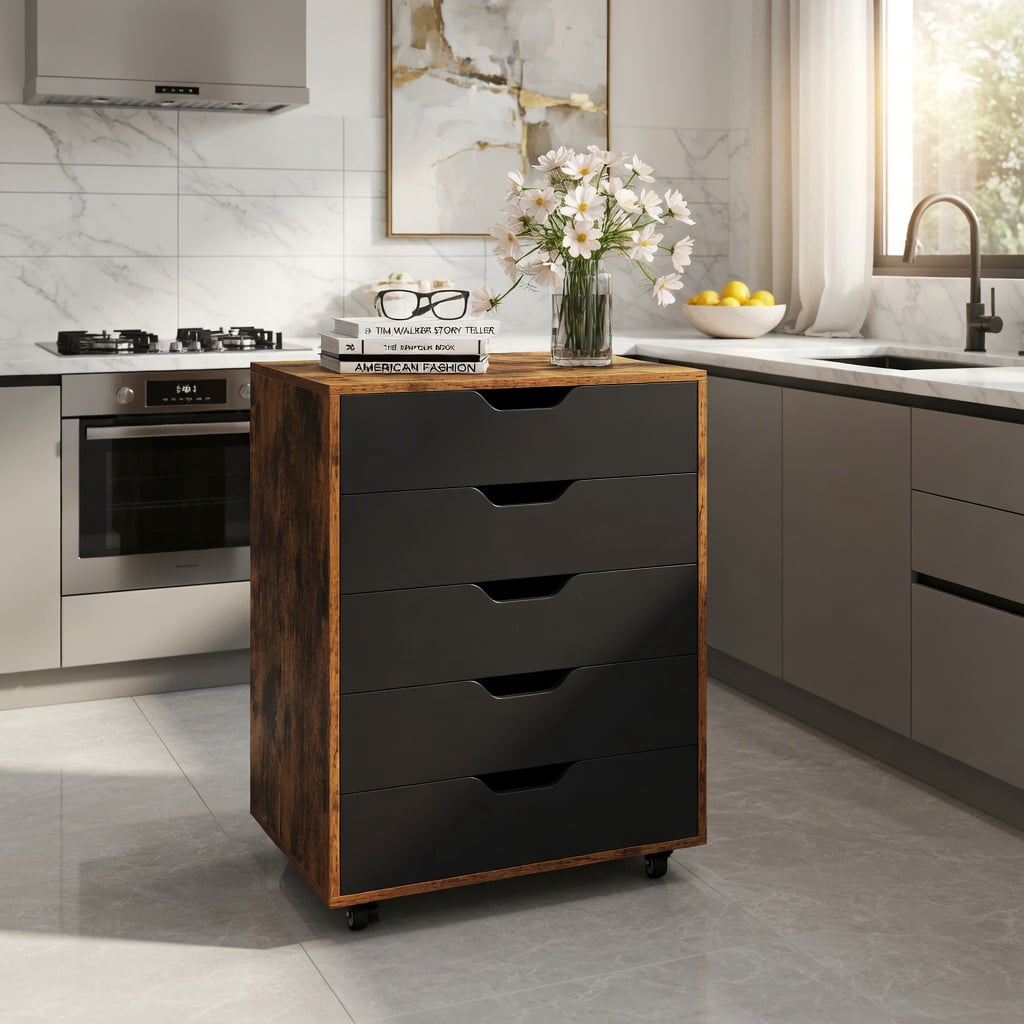 Demi Bonn 5 Drawer Mobile Lateral Filing Cabinet Storage Home Office Floor Cabinet with 4 Wheels, Brown
