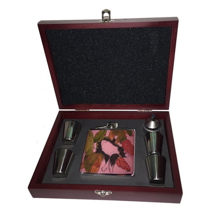 

KuzmarK Pink Leather Flask Set in Rose Wood Gift Box - Tuxedo Maine Coon Kitty with Christmas Cactus Life is Good Cat Art by Denise Every