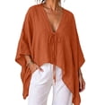 thumbnail image 2 of VBVC Women's Cotton Linen V Neck Tie Front Tunic, Ladies' Loose Batwing Sleeve Blouse, Casual Asymmetrical Vacation Top For Women, Orange , S-2XL, 2 of 7
