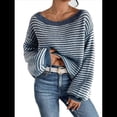 thumbnail image 3 of Suéter de Punto Holgado Informal de Larga con Rayas y Hombros Descubiertos para Mujer (Otoño 2025) Azul XXL, 3 of 9