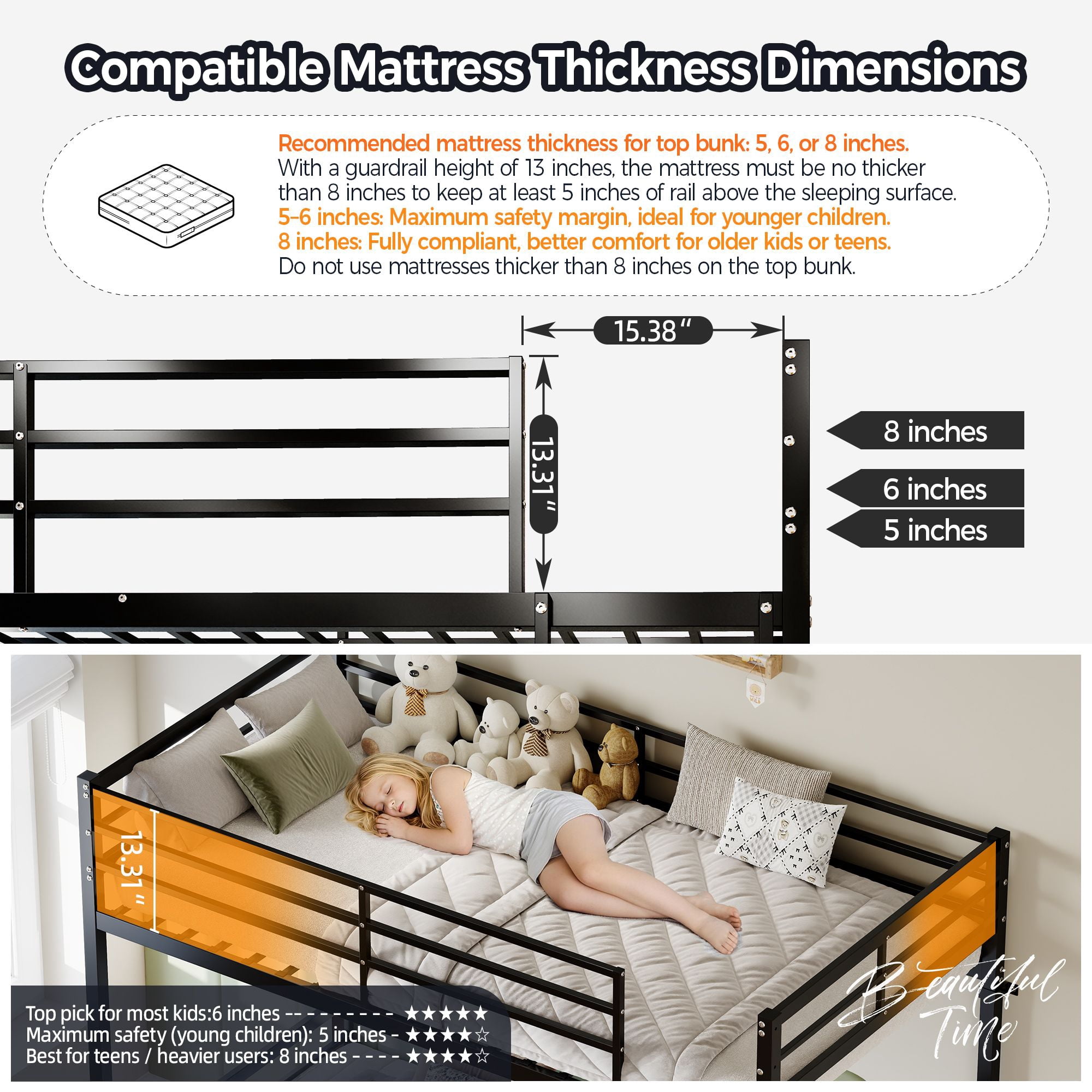 Alvantor Twin over Twin Metal Bunk Bed with 14.17" Guardrails, 480 lb Capacity, Black