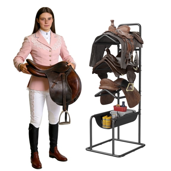 Heavy Duty 4-Tier Freestanding Saddle Rack Stand with Hooks & Storage Basket – Horse Tack Organizer for Western & English Saddles in Barn, Stable & Tack Room