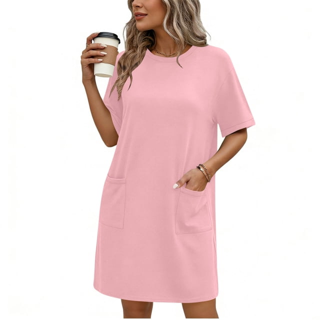 TaTaai Women's Solid Color Round Neck Short Sleeve Dress with Pockets Casual Fashion Comfortable Stretchy Fabric Midi Dress Soft Breathable for Spring Summer Daily Casual Wear Gift