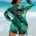 thumbnail image 3 of Levmjia Women's Plus Size Bikini Set 3 Piece Mesh Printed Long Sleeve Sun Protection Cover Up Drawstring Pleated Swimsuit High Waisted Bathing Suit For Beach Vacation, 3 of 8