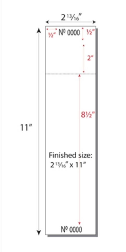 Print-Ready Numbered Ticket Sheets, 8-1/2" x 13", 8 Tickets Per Sheet, Perfed Stubs, Consec Numbers & Info Lines, Ticket Size: 2-1/8" x 6-1/2" on White 67lb Vellum - 250 Sheets (2,000 Tickets)