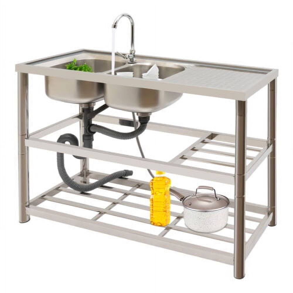 Free Standing Double Bowl Sink Commercial Restaurant Kitchen Sink Set w/Faucet & Drainboard, Prep & Utility Washing Hand Basin w/Workbench & Double Storage Shelves Stainless-Steel